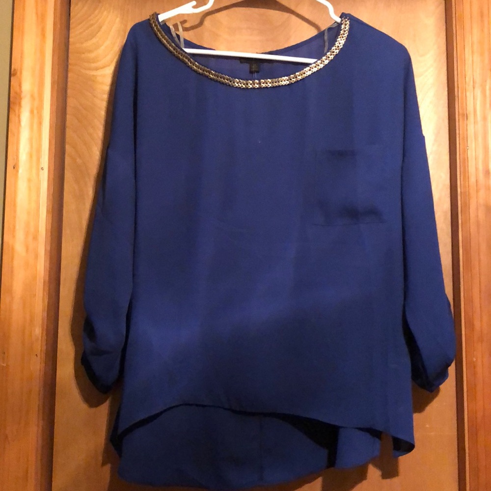 NWT Royal Blue Blouse w Gold encrusted neckline